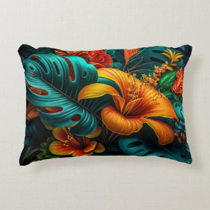 Farbige elegante tropische Blätter und Blumen Dekokissen