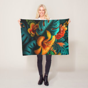 Farbige elegante tropische Blätter und Blumen   Fleecedecke