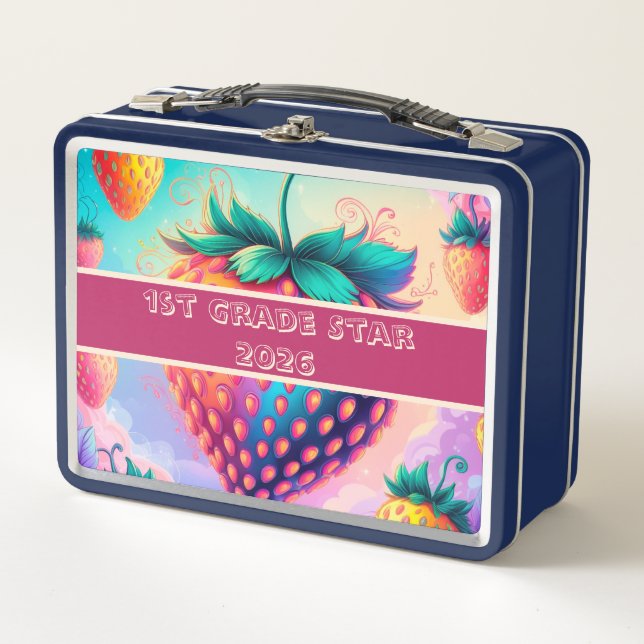 Farbige Erdbeere 1. Klasse Stern 2025 Metall Brotdose (Vorderseite)