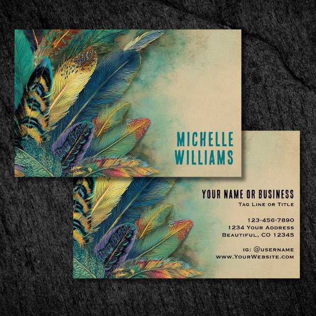 Farbige Erdig Boho Federn | Türkis Teal Visitenkarte (Colorful Earthy Boho Feathers  Turquoise Teal Business Card)