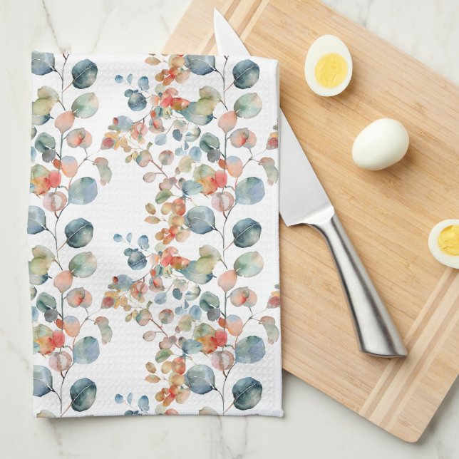 Farbige Eukalyptus-Blätter in rustikalen Farben Geschirrtuch (Viertel Falte)