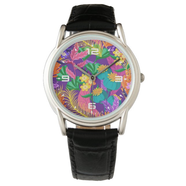Farbige exotische Blätter und Blume Muster-23148 Armbanduhr (Vorderseite)