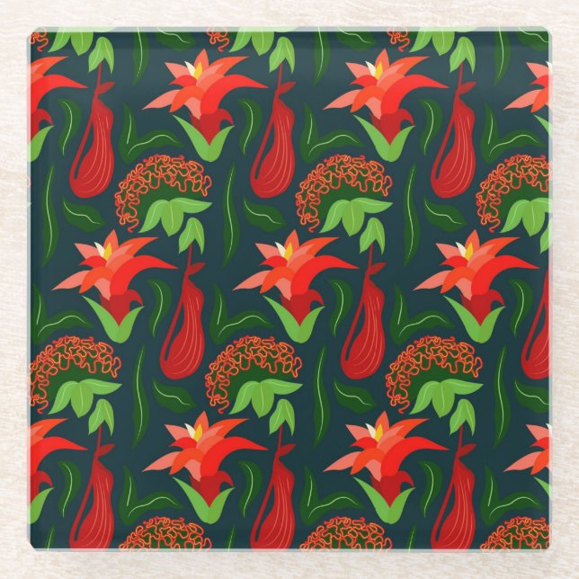 Farbige exotische Blumen-Blatt-Muster Glasuntersetzer (Vorderseite)