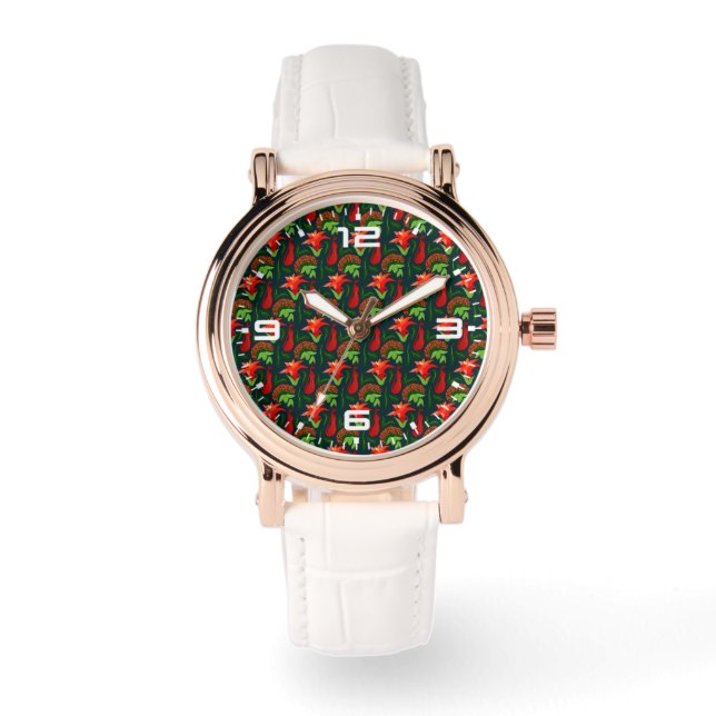 Farbige exotische Blumen Blätter Muster Armbanduhr (Vorderseite)