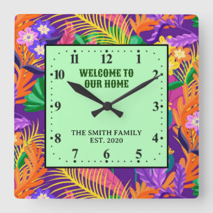 Farbige exotische Blumengestaltung Quadratische Wanduhr