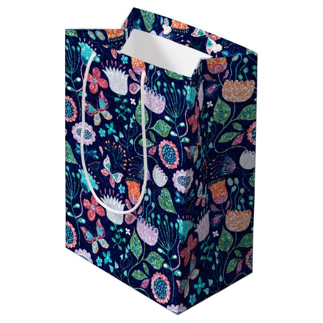 Farbige exotische Vintage Blume nahtlos Mittlere Geschenktüte (Rückseite Schrägansicht)