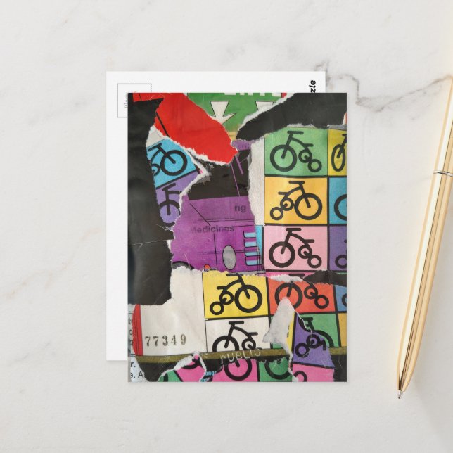 Farbige Fahrräder Mixed-Media-Collage Postkarte (Vorderseite/Rückseite Beispiel)