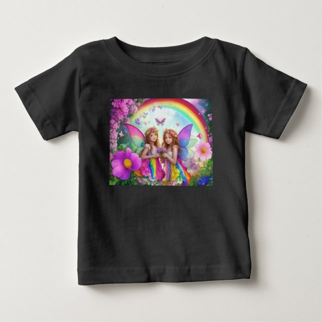 Farbige Fairies mit Blume und Regenbogen Baby T-shirt (Vorderseite)