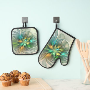 Farbige Fantasie Moderne Abstrakte Blume Fraktal Ofenhandschuh & Topflappen-Set