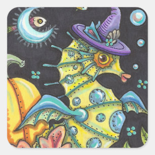 FARBIGE FANTASIE SEEPFERD, HEXE IM HALLOWEEN-MEER QUADRATISCHER AUFKLEBER