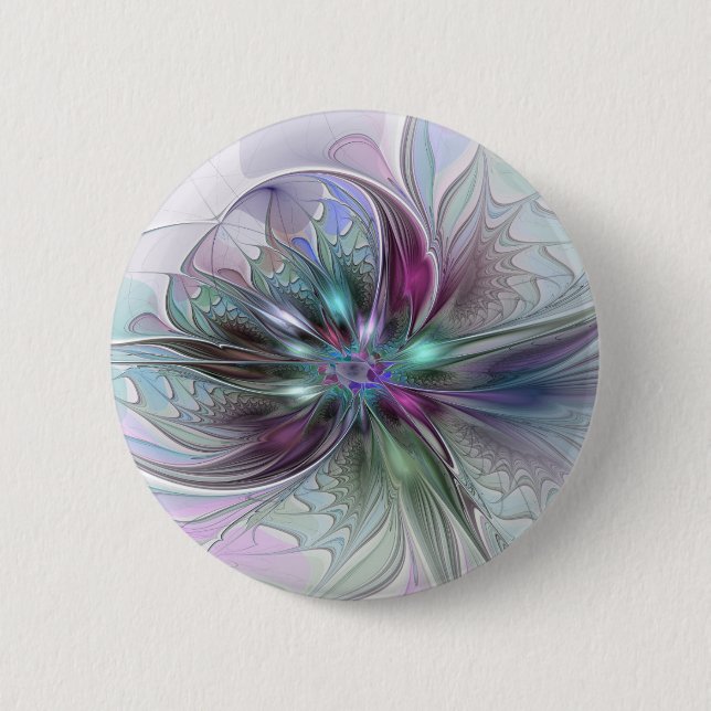 Farbige Fantasy-Abstrakte Moderne Fraktal-Blume Button (Vorderseite)