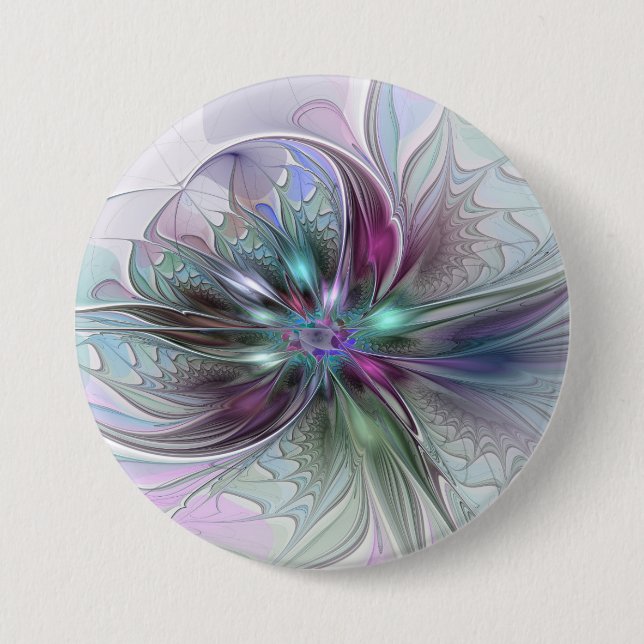 Farbige Fantasy-Abstrakte Moderne Fraktal-Blume Button (Vorderseite)