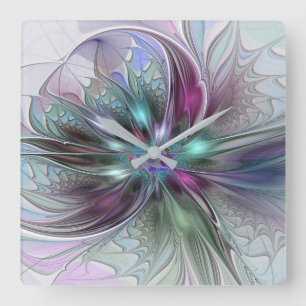 Farbige Fantasy-Abstrakte Moderne Fraktal-Blume Quadratische Wanduhr