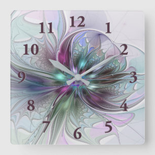 Farbige Fantasy-Abstrakte Moderne Fraktal-Blume Quadratische Wanduhr