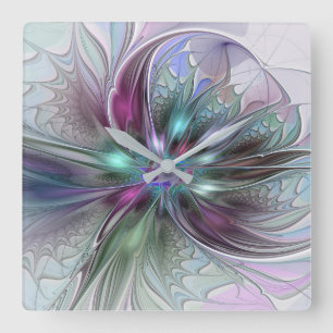 Farbige Fantasy-Abstrakte Moderne Fraktal-Blume Quadratische Wanduhr