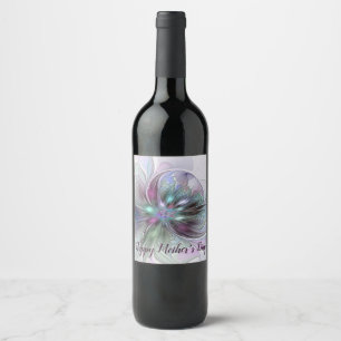 Farbige Fantasy-Abstrakte Moderne Fraktal-Blume Weinetikett