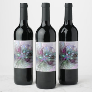 Farbige Fantasy-Abstrakte Moderne Fraktal-Blume Weinetikett