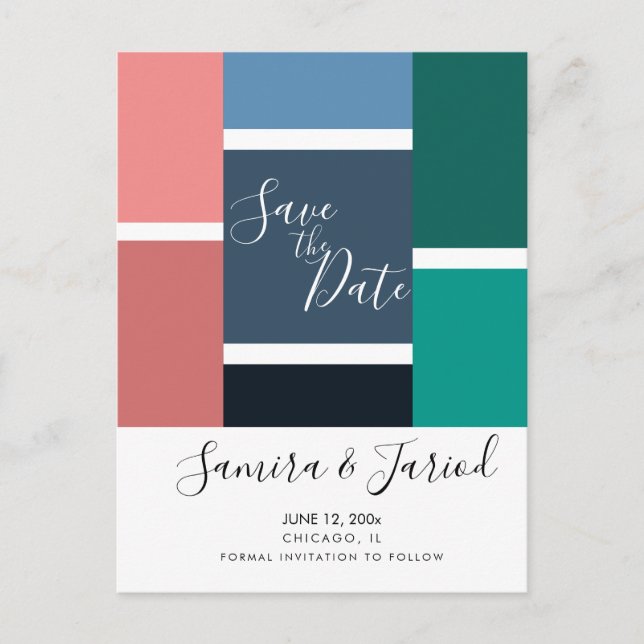 Farbige Farbblockgeometrie Save the Date Postkarte (Vorderseite)