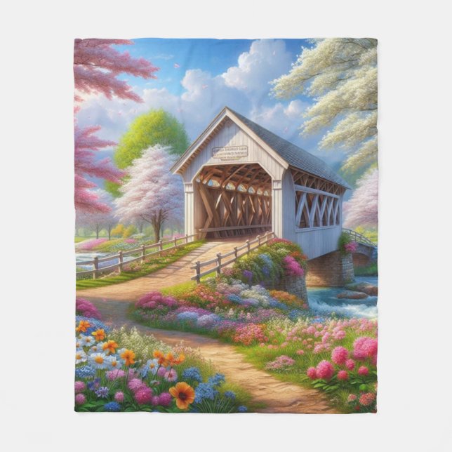 Farbige Feder/blumenüberdachte Brücke & Fluss Fleecedecke (Vorderseite)