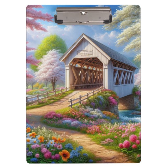 Farbige Feder/blumenüberdachte Brücke & Fluss Klemmbrett (Vorderseite)