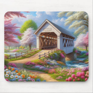 Farbige Feder/blumenüberdachte Brücke & Fluss Mousepad