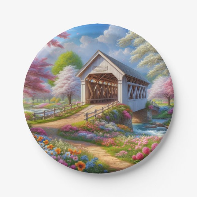 Farbige Feder/blumenüberdachte Brücke & Fluss Pappteller (Vorderseite)