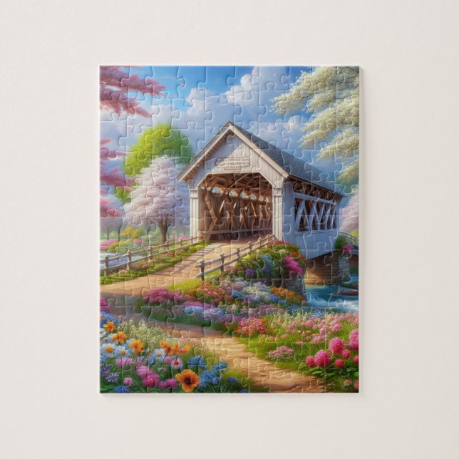 Farbige Feder/blumenüberdachte Brücke & Fluss Puzzle (Vertikal)