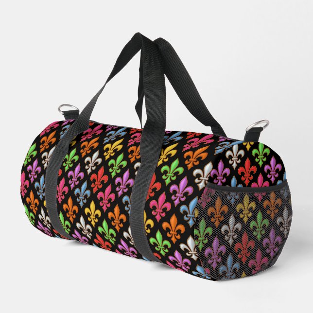 Farbige Fette Fleur-de-lis-Blumen Schwarz  Duffle Bag (Rechte Ecke)