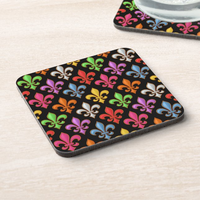 Farbige Fette Fleur-de-lis-Blumen Schwarz  Getränkeuntersetzer (Linke Seite)