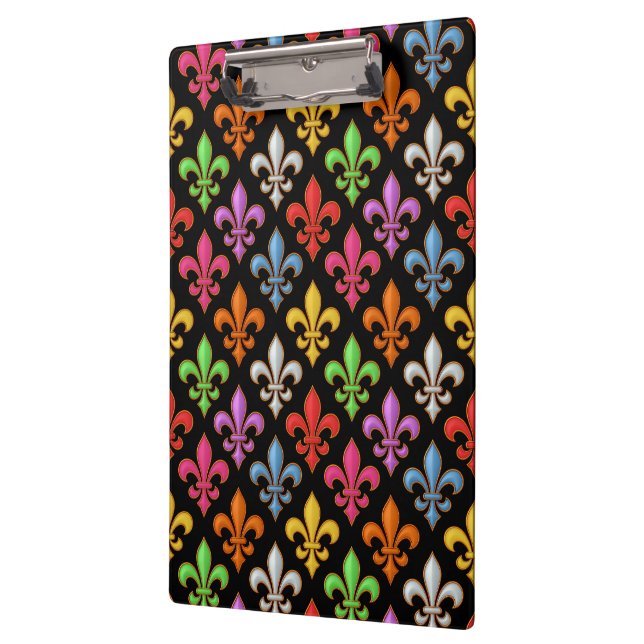 Farbige Fette Fleur-de-lis-Blumen Schwarz  Klemmbrett (Links)