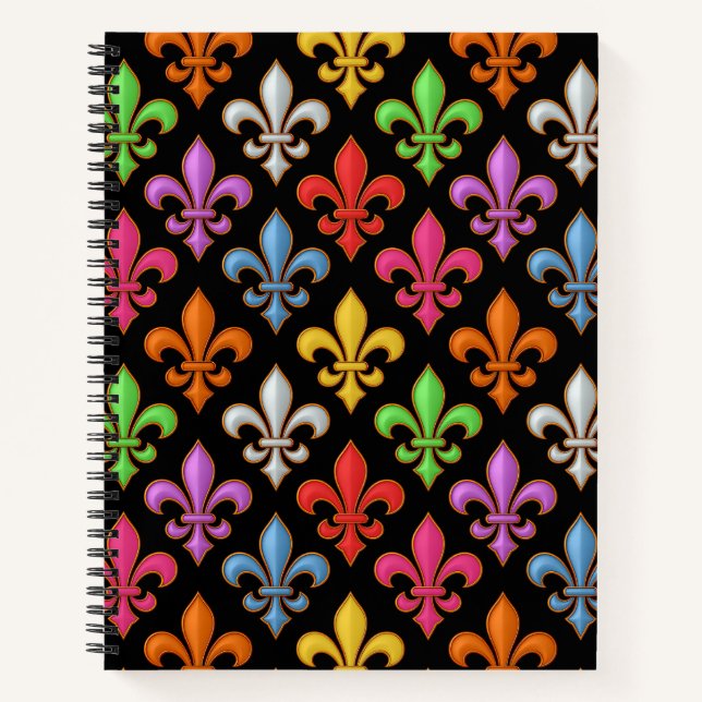 Farbige, fette Fleur-de-lis-Blumen Schwarz  Notizbuch (Vorderseite)