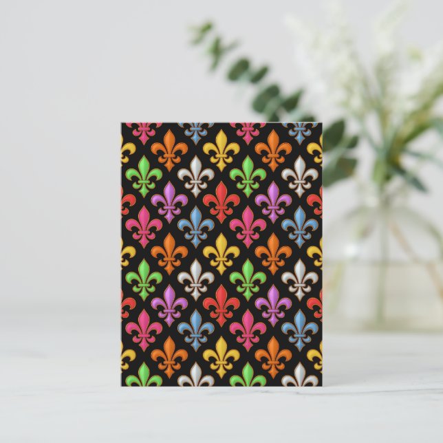 Farbige, fette Fleur-de-lis-Blumen Schwarz  Postkarte (Stehend Vorderseite)