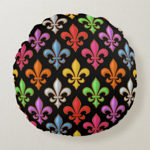 Farbige Fette Fleur-de-lis-Blumen Schwarz Rundes Kissen