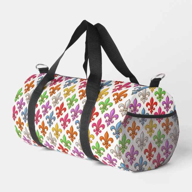 Farbige Fette Fleur-de-lis-Blumen Weiß Duffle Bag (Rechte Ecke)