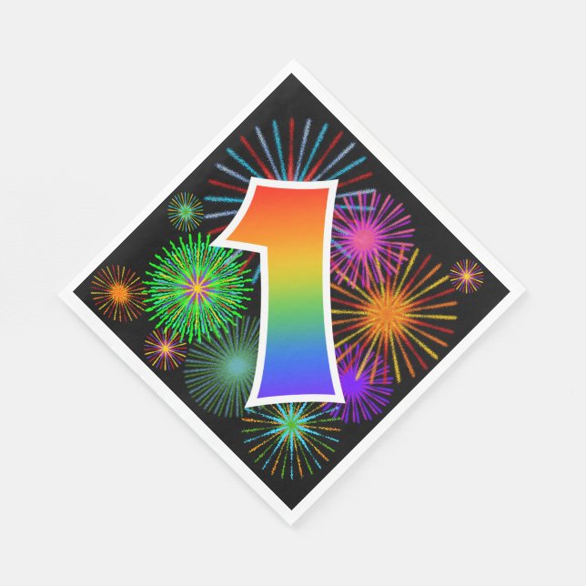 Farbige Feuerwerke + Regenbogenmuster "1" Ereignis Serviette (Ecke)