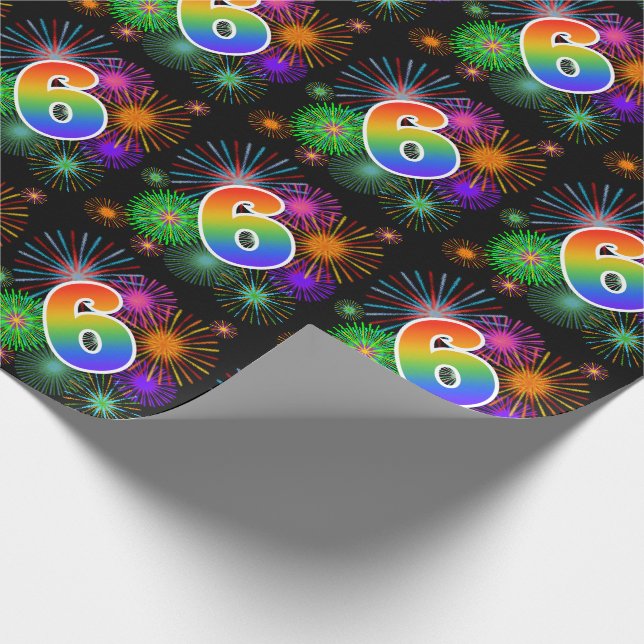 Farbige Feuerwerke + Regenbogenmuster "6" Ereignis Geschenkpapier (Ecke)