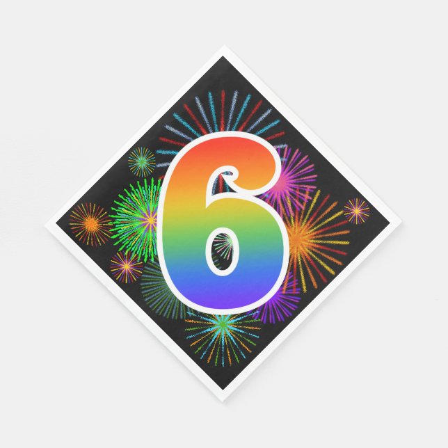Farbige Feuerwerke + Regenbogenmuster "6" Ereignis Serviette (Ecke)