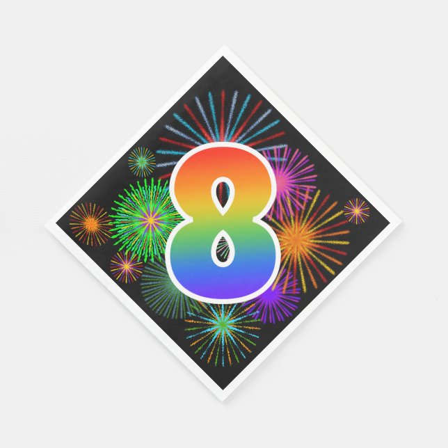 Farbige Feuerwerke + Regenbogenmuster "8" Ereignis Serviette (Ecke)
