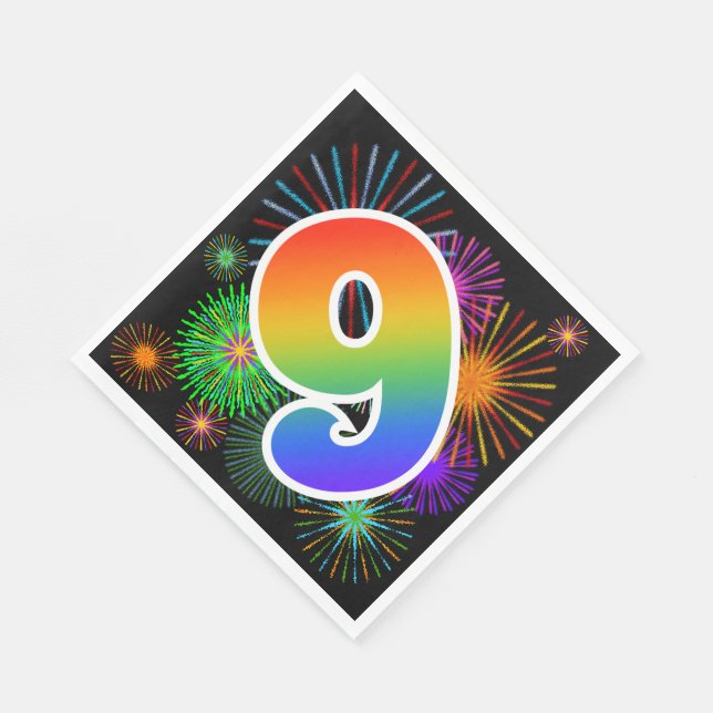 Farbige Feuerwerke + Regenbogenmuster "9" Ereignis Serviette (Ecke)