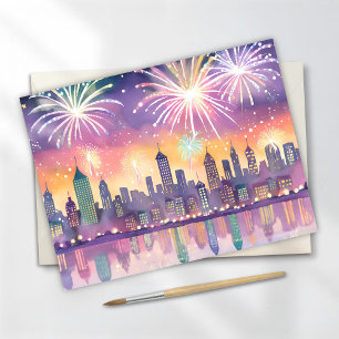 Farbige Feuerwerksstadt Wasserfarbe   Lofi Neujahr Feiertagspostkarte