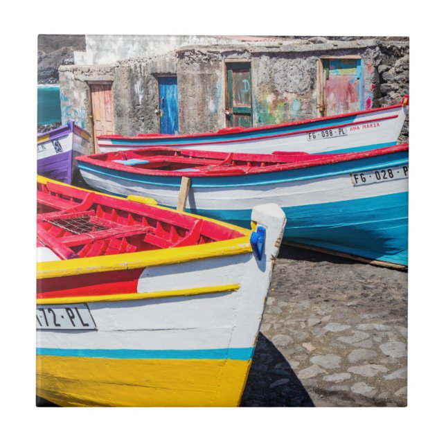 Farbige Fischerboote, Kap Verde Fliese (Vorderseite)