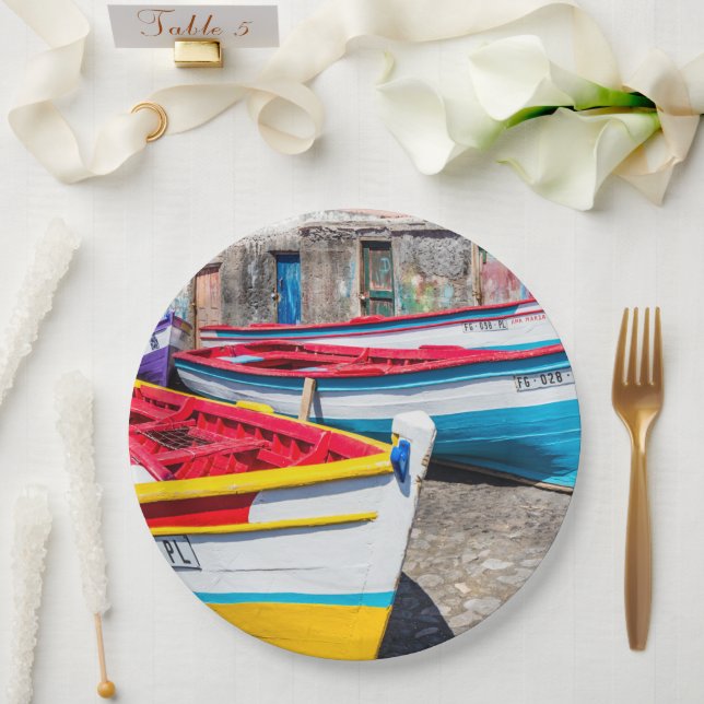 Farbige Fischerboote, Kap Verde Pappteller (Hochzeit)