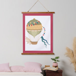 Farbige Flags Grüner Steampunk Heißluftballon Wandteppich Mit Holzrahmen