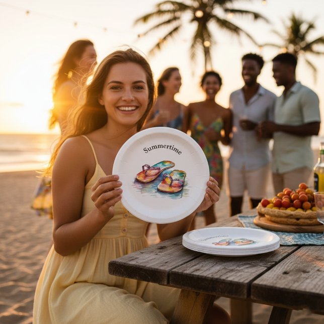 farbige Flip Flops Aquarell anpassbar Pappteller (Von Creator hochgeladen)