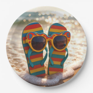 Farbige Flip-Flops mit lustigen Streifen und funky Pappteller