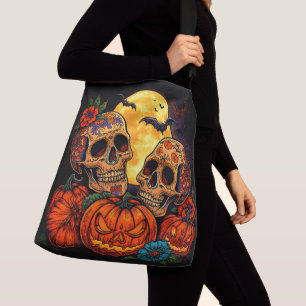 Farbige florale Calavera-Zuckerschädel, Halloween  Tragetaschen Mit Langen Trägern