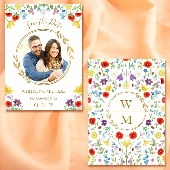 Farbige florale Monogramm Foto Save the Date weiß (Colorful Floral Monogram Photo White Save the Date)