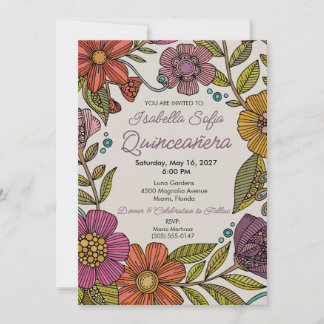 Farbige Florale Quinceañera Lebendige Volksblumen Einladung