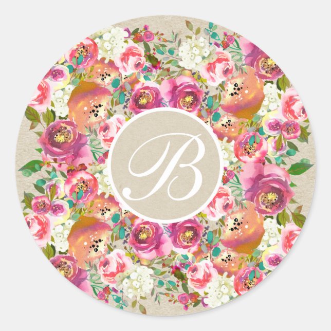 Farbige florale Rustikale Kraft Monogram Custom Fe Runder Aufkleber (Vorderseite)