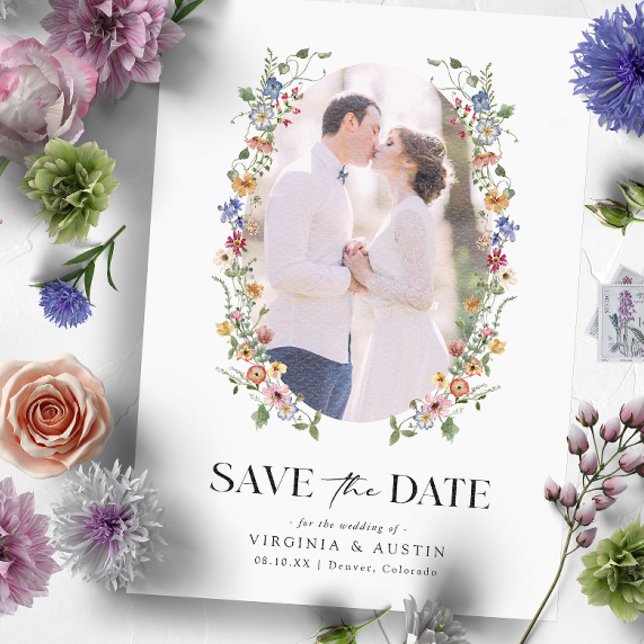 Farbige, florale Save the Date-Karte Save The Date (Colorful Wildflower Wedding Save the Date by Painted Paperie
)